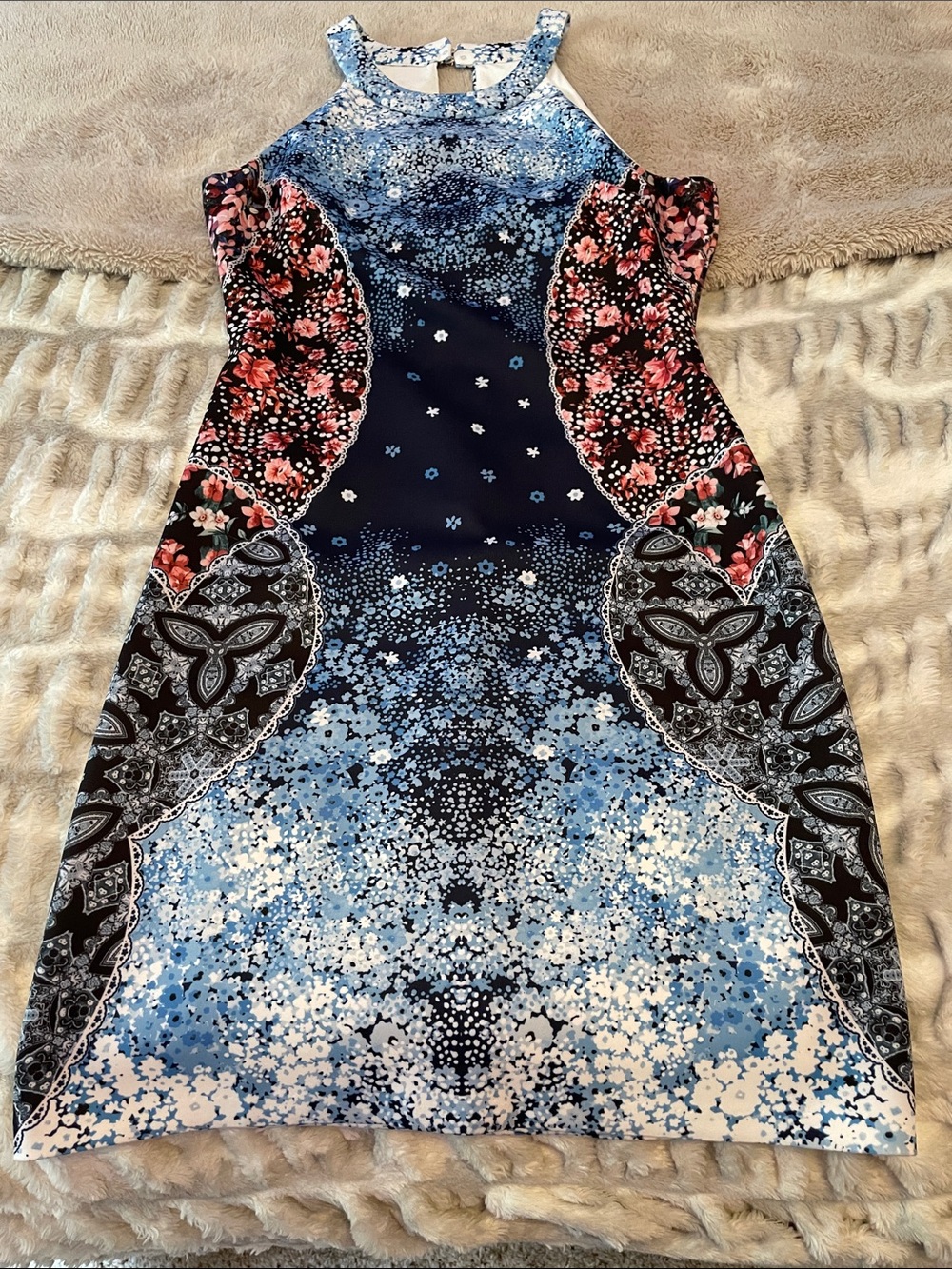 Guess Blue Floral Halter Mini Dress with Pink Accents
